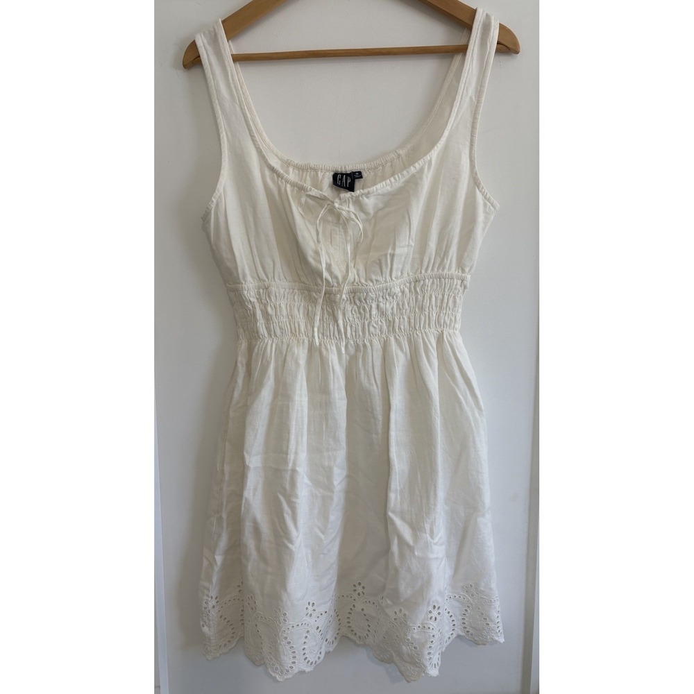 NWT Gap Off White Linen Smocked Mini Dress Cottagecore Eyelet Hem Women's Size M